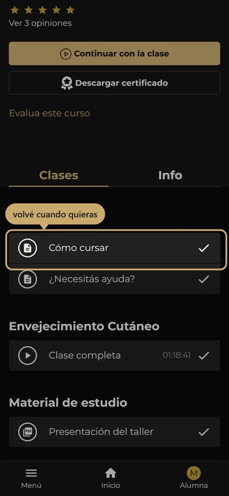 Las clases vistas quedan con un tilde